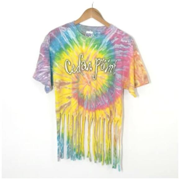 Upcycled Custom Tie Dye Colorful Swirl Cedar Point Fringe T-Shirt Sz Large - Picture 1 of 6
